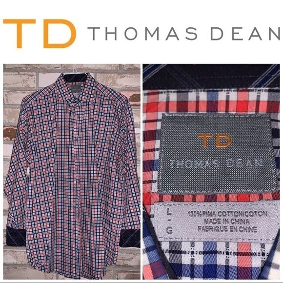 Large Thomas Dean Orange-Blue Plaid LS Shirt - Picture 2 of 5